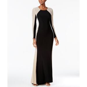 Xscape black long sleeve evening gown with beaded caviar sides